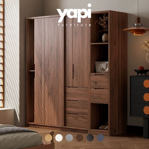 Tủ Quần Áo Cánh Lùa Gỗ MDF Tích Hợp Kệ Trang Trí Và Tủ Phụ 200x60x250 Yapi-265