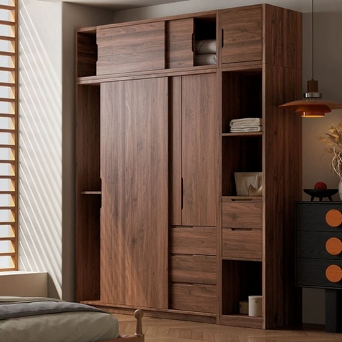 Tủ Quần Áo Cánh Lùa Gỗ MDF Tích Hợp Kệ Trang Trí Và Tủ Phụ 200x60x250 Yapi-265