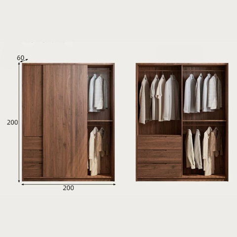 Tủ Quần Áo Cánh Lùa Gỗ MDF Tích Hợp Kệ Trang Trí Và Tủ Phụ 200x60x250 Yapi-265