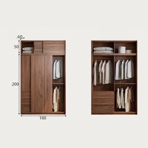 Tủ Quần Áo Cánh Lùa Gỗ MDF Tích Hợp Kệ Trang Trí Và Tủ Phụ 200x60x250 Yapi-265