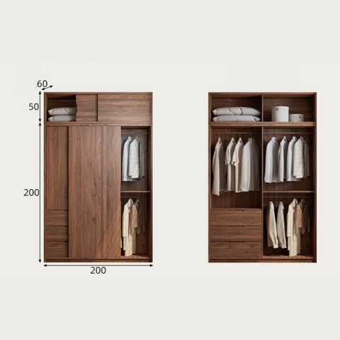 Tủ Quần Áo Cánh Lùa Gỗ MDF Tích Hợp Kệ Trang Trí Và Tủ Phụ 200x60x250 Yapi-265
