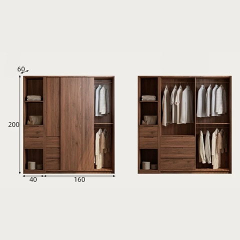 Tủ Quần Áo Cánh Lùa Gỗ MDF Tích Hợp Kệ Trang Trí Và Tủ Phụ 200x60x250 Yapi-265