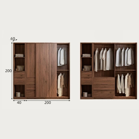 Tủ Quần Áo Cánh Lùa Gỗ MDF Tích Hợp Kệ Trang Trí Và Tủ Phụ 200x60x250 Yapi-265