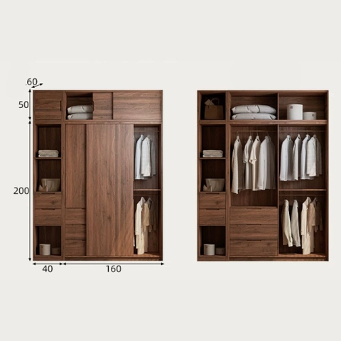 Tủ Quần Áo Cánh Lùa Gỗ MDF Tích Hợp Kệ Trang Trí Và Tủ Phụ 200x60x250 Yapi-265