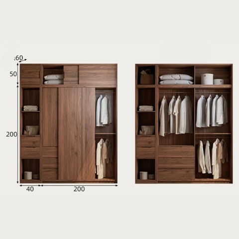 Tủ Quần Áo Cánh Lùa Gỗ MDF Tích Hợp Kệ Trang Trí Và Tủ Phụ 200x60x250 Yapi-265