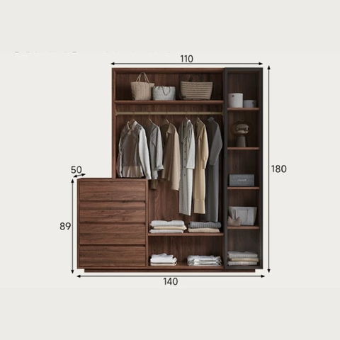 Tủ Quần Áo Hệ Mở Đa Năng Tích Hợp Tab Ngăn Kéo 140x50x180cm Yapi-266