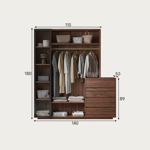 Tủ Quần Áo Hệ Mở Đa Năng Tích Hợp Tab Ngăn Kéo 140x50x180cm Yapi-266