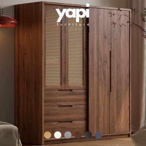 Tủ Quần Áo Gỗ MDF Phối Cánh Mây, Kèm Ngăn Kéo Cho Phòng Ngủ 220x60x250cm Yapi-269
