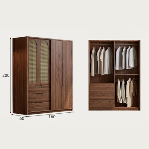 Tủ Quần Áo Gỗ MDF Phối Cánh Mây, Kèm Ngăn Kéo Cho Phòng Ngủ 220x60x250cm Yapi-269