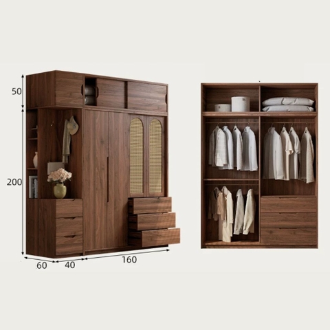 Tủ Quần Áo Gỗ MDF Phối Cánh Mây, Kèm Ngăn Kéo Cho Phòng Ngủ 220x60x250cm Yapi-269