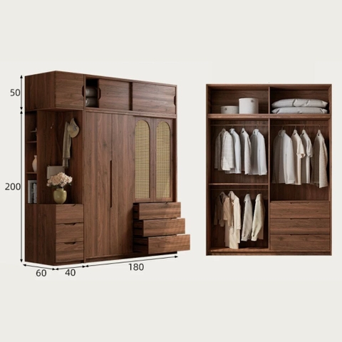 Tủ Quần Áo Gỗ MDF Phối Cánh Mây, Kèm Ngăn Kéo Cho Phòng Ngủ 220x60x250cm Yapi-269