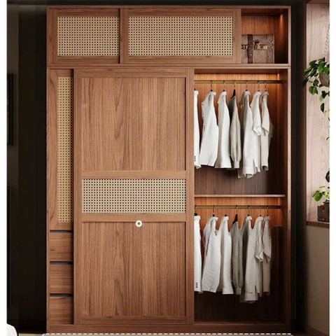 Tủ Quần Áo MDF Cửa Lùa Cánh Mây, Kèm Ngăn Kéo 200x60x248cm Yapi-270