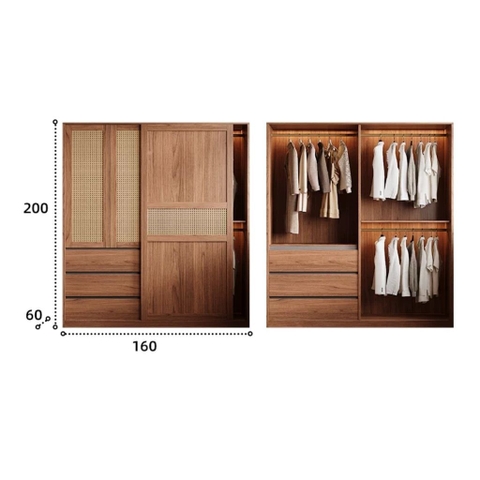 Tủ Quần Áo MDF Cửa Lùa Cánh Mây, Kèm Ngăn Kéo 200x60x248cm Yapi-270