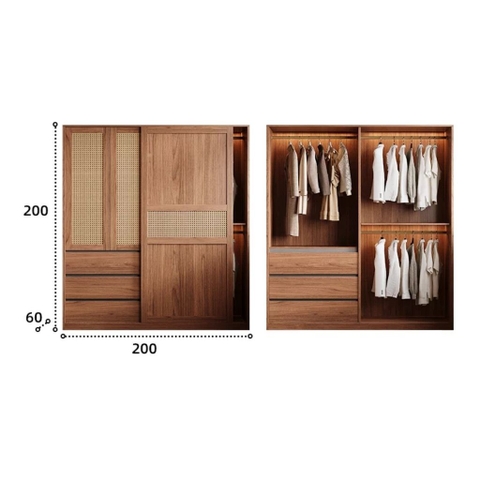 Tủ Quần Áo MDF Cửa Lùa Cánh Mây, Kèm Ngăn Kéo 200x60x248cm Yapi-270