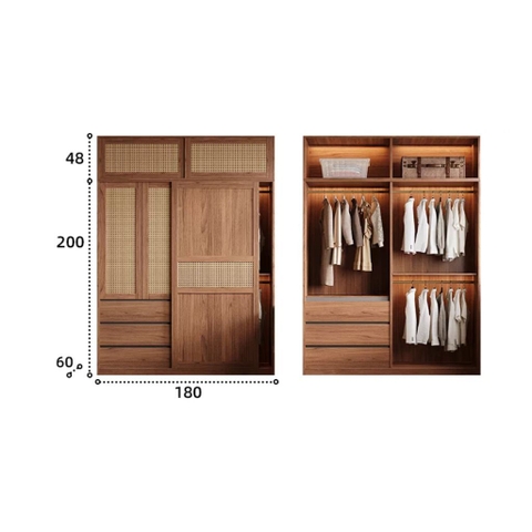 Tủ Quần Áo MDF Cửa Lùa Cánh Mây, Kèm Ngăn Kéo 200x60x248cm Yapi-270