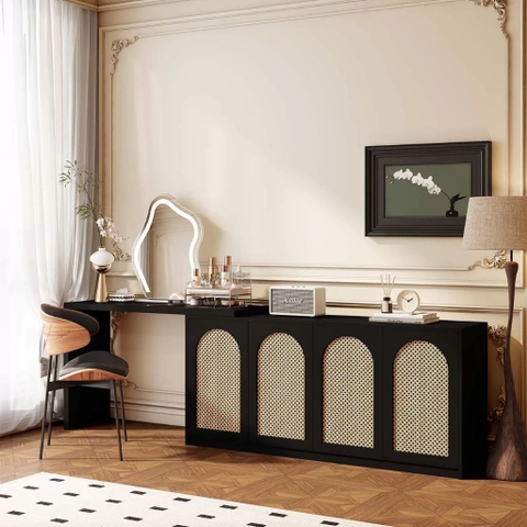 Bàn Trang Điểm Chữ L Phối Cánh Mây Kết Hợp Tủ Trang Trí 160x40x90cm, Yapi-810