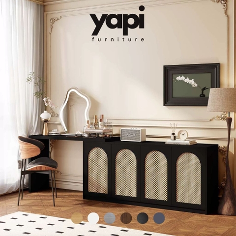 Bàn Trang Điểm Chữ L Phối Cánh Mây Kết Hợp Tủ Trang Trí 160x40x90cm, Yapi-810