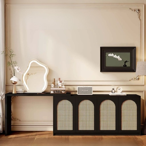 Bàn Trang Điểm Chữ L Phối Cánh Mây Kết Hợp Tủ Trang Trí 160x40x90cm, Yapi-810