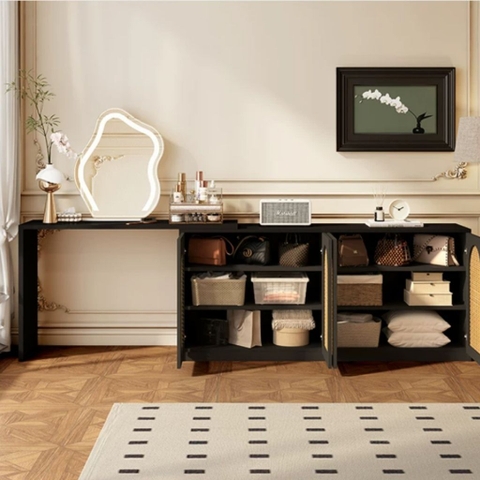 Bàn Trang Điểm Chữ L Phối Cánh Mây Kết Hợp Tủ Trang Trí 160x40x90cm, Yapi-810