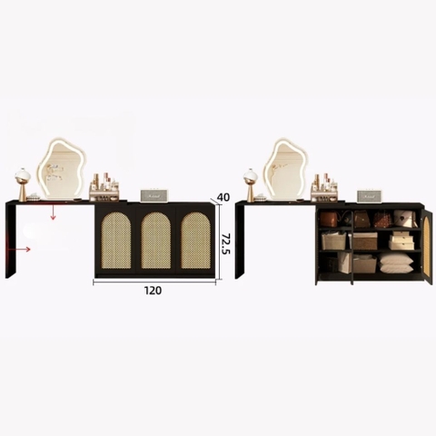Bàn Trang Điểm Chữ L Phối Cánh Mây Kết Hợp Tủ Trang Trí 160x40x90cm, Yapi-810