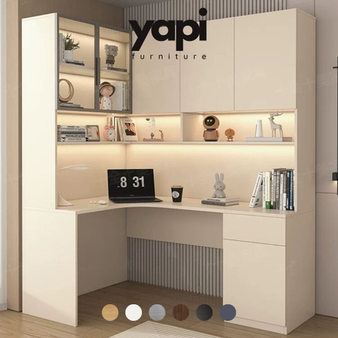 Bàn Học Kèm Kệ Sách Đa Năng Kết Hợp Cánh Kính Và Đèn LED 150x50x210cm, Yapi-426