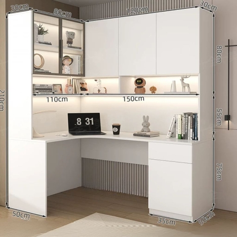 Bàn Học Kèm Kệ Sách Đa Năng Kết Hợp Cánh Kính Và Đèn LED 150x50x210cm, Yapi-426