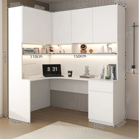 Bàn Học Kèm Kệ Sách Đa Năng Kết Hợp Cánh Kính Và Đèn LED 150x50x210cm, Yapi-426