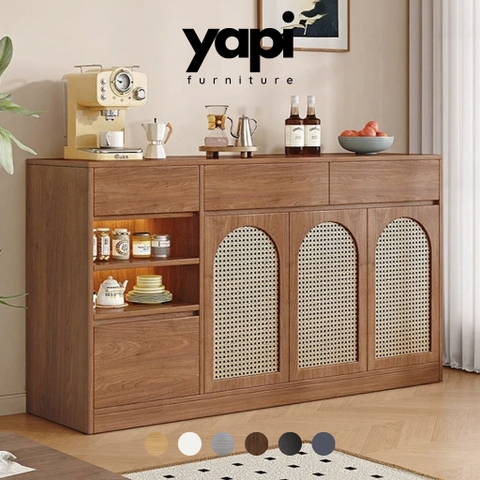 Tủ Đựng Bát Đĩa Cánh Mây Kèm Ngăn Kéo, Hộc Tủ Trưng Bày 160x40x100cm, Yapi-TB005