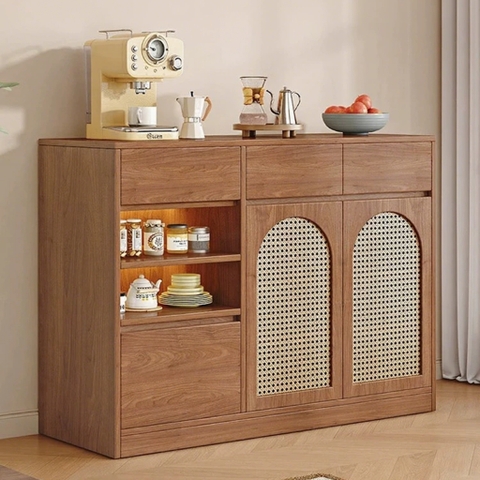 Tủ Đựng Bát Đĩa Cánh Mây Kèm Ngăn Kéo, Hộc Tủ Trưng Bày 160x40x100cm, Yapi-TB005