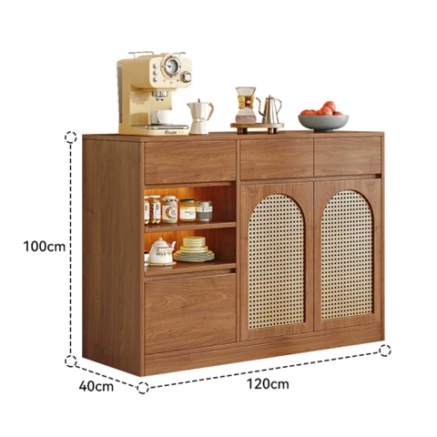 Tủ Đựng Bát Đĩa Cánh Mây Kèm Ngăn Kéo, Hộc Tủ Trưng Bày 160x40x100cm, Yapi-TB005