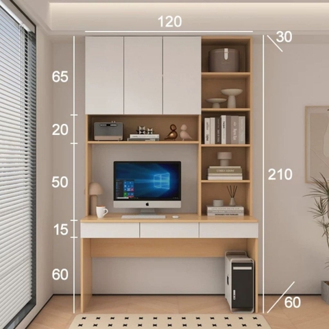 Bàn Học, Bàn Làm Việc, Kết Hợp Kệ Sách Và Ngăn Kéo 120x60x210cm Yapi-427