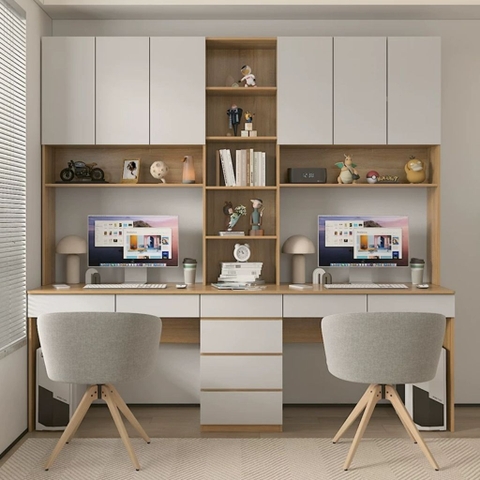 Bàn Làm Việc Đôi Kết Hợp Kệ Sách Và Ngăn Kéo 220x60x240cm Yapi-428