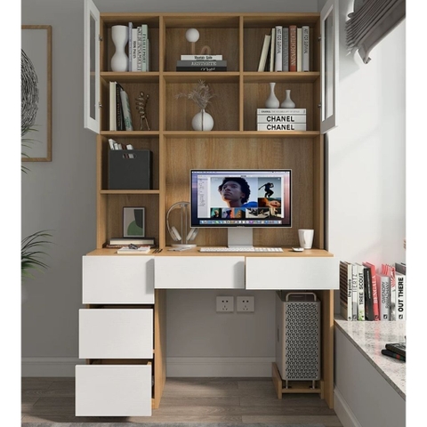 Bàn Làm Việc Ngăn Kéo Kèm Kệ Sách Cánh Kính 160x60x200cm Yapi-430