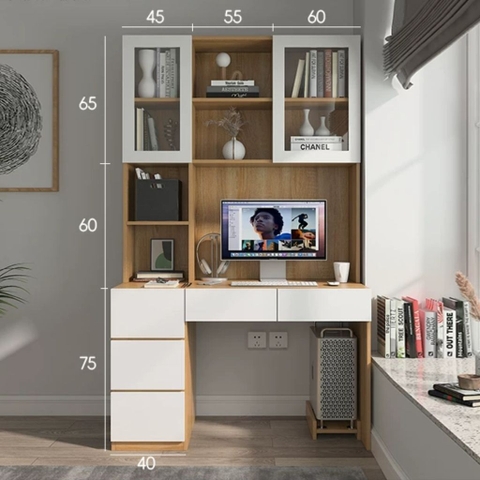 Bàn Làm Việc Ngăn Kéo Kèm Kệ Sách Cánh Kính 160x60x200cm Yapi-430
