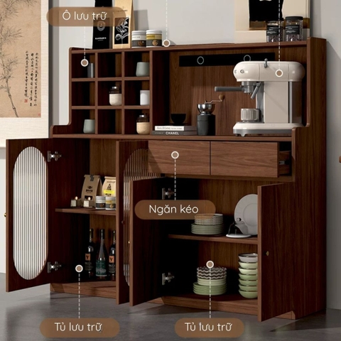 Kodogo TB008, Tủ Bếp Đa Năng Cánh Kính Sóng Đựng Chén Đĩa 120x40x140cm
