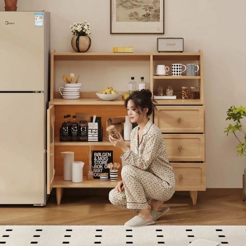 Tủ Bếp Để Đồ Cánh Kính Sóng Chân Gỗ Cao Hiện Đại 120x40x118cm Yapi-TB009