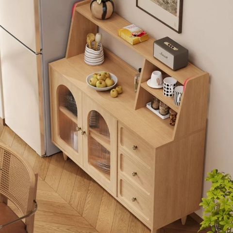 Tủ Bếp Để Đồ Cánh Kính Sóng Chân Gỗ Cao Hiện Đại 120x40x118cm Yapi-TB009