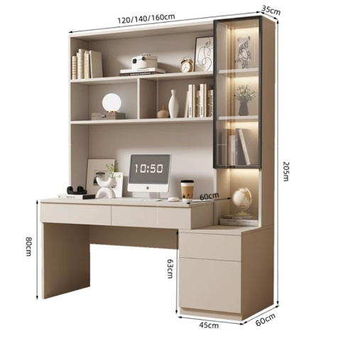 Bàn Học, Làm Việc Kèm Kệ Sách Cánh Kính Hiện Đại 140x60x205cm Yapi-431