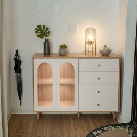 Kodogo 184, Tủ Trang Trí Kèm Ngăn Kéo Cánh Kính Vòm Sọc Hiện Đại 140x40x98cm