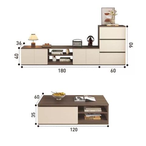 Combo Bàn Trà Kệ TV Hiện Đại Cho Phòng Khách Kèm Tủ Lưu Trữ Ngăn Kéo 200x36x40cm Yapi-704