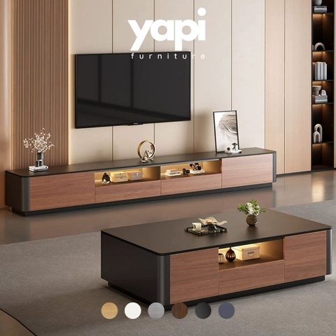 Combo Bàn Trà Và Kệ TV Bo Cong Có Đèn LED Hiện Đại Cho Phòng Khách 160x37x30cm Yapi-706