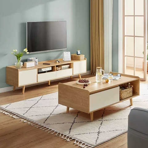 Combo Kệ Tivi Kèm Bàn Sofa Chân Gỗ Cho Phòng Khách 180x35x40cm Yapi-710