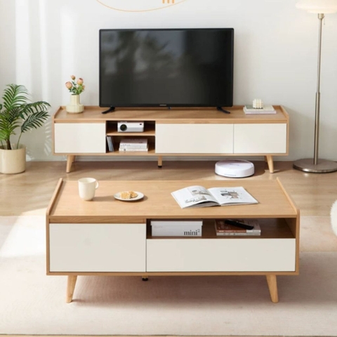 Combo Kệ Tivi Kèm Bàn Sofa Chân Gỗ Cho Phòng Khách 180x35x40cm Yapi-710