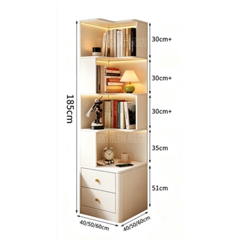 Kệ Sách Góc Tường Bo Góc Kèm 2 Ngăn Kéo 50x50x185cm Yapi-186