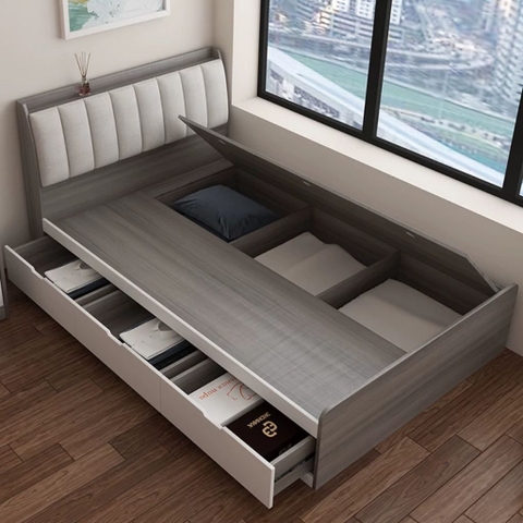 Giường Ngủ Ngăn Kéo Và Ngăn Lật Lưu Trữ, Đầu Giường Bọc Nệm 1m8x2m Yapi-557