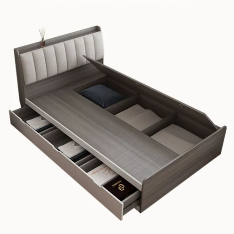 Giường Ngủ Ngăn Kéo Và Ngăn Lật Lưu Trữ, Đầu Giường Bọc Nệm 1m8x2m Yapi-557