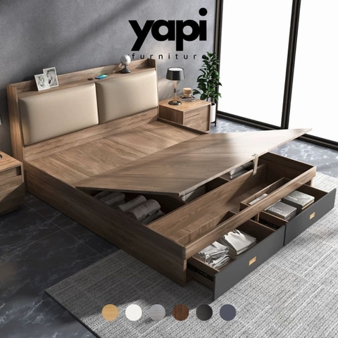 Giường Ngủ Ngăn Kéo, Mặt Giường Nâng Hạ Có Bọc Nệm Đầu Giường 1m8x2m Yapi-558