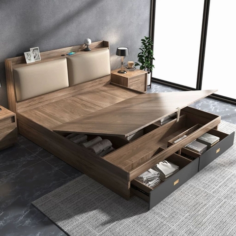 Giường Ngủ Ngăn Kéo, Mặt Giường Nâng Hạ Có Bọc Nệm Đầu Giường 1m8x2m Yapi-558
