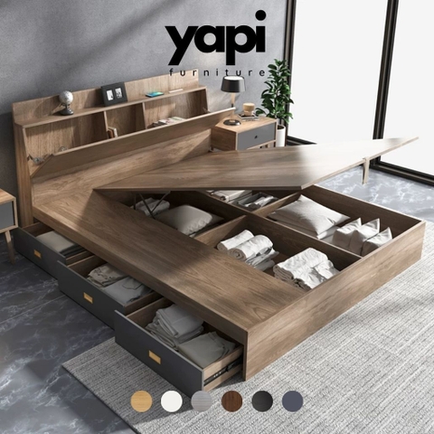 Giường Ngủ Nâng Hạ Có Kệ Đầu Giường, Kèm Ngăn Kéo Đa Năng 1m8x2m Yapi-559