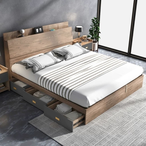 Giường Ngủ Nâng Hạ Có Kệ Đầu Giường, Kèm Ngăn Kéo Đa Năng 1m8x2m Yapi-559
